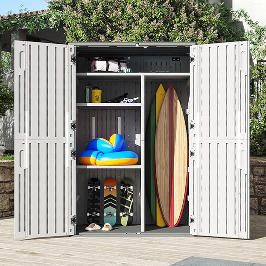 Aoxun 64 Cu.Ft Outdoor Storage Shed with Shelving Kit and Floor, Waterproof Horizontal Resin Cabinet for Trash Cans, Lawn Mowers, Generators, and Garden Tools-VerdiqueGarden