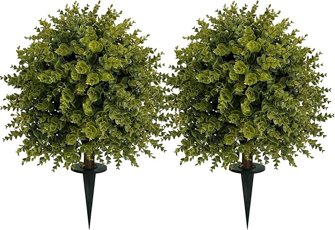 ICX 2 Set 25" Artificial Eucalyptus Topiary Ball Trees with Ground Spike,Artificial Plants Outdoor,Fake Bushes & Shrubs for Porch, Garden, Front Porch Decor - Indoor/Outdoor Faux Plants-VerdiqueGarden