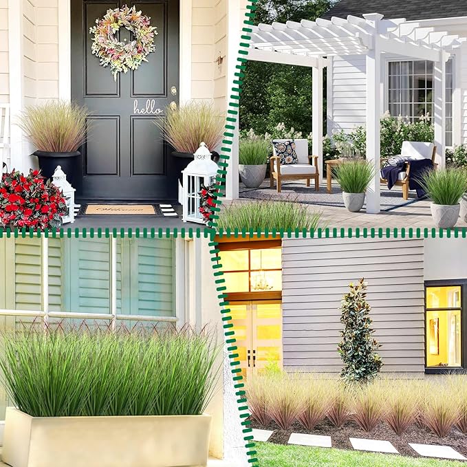 48Pcs Artificial Grass Plants Faux Shrubs Wheat Grass Fake Tall Grass Plants for Outdoor Decor Greenery Stems Weed for Room Indoor Home Decor（Green Red Tail-VerdiqueGarden