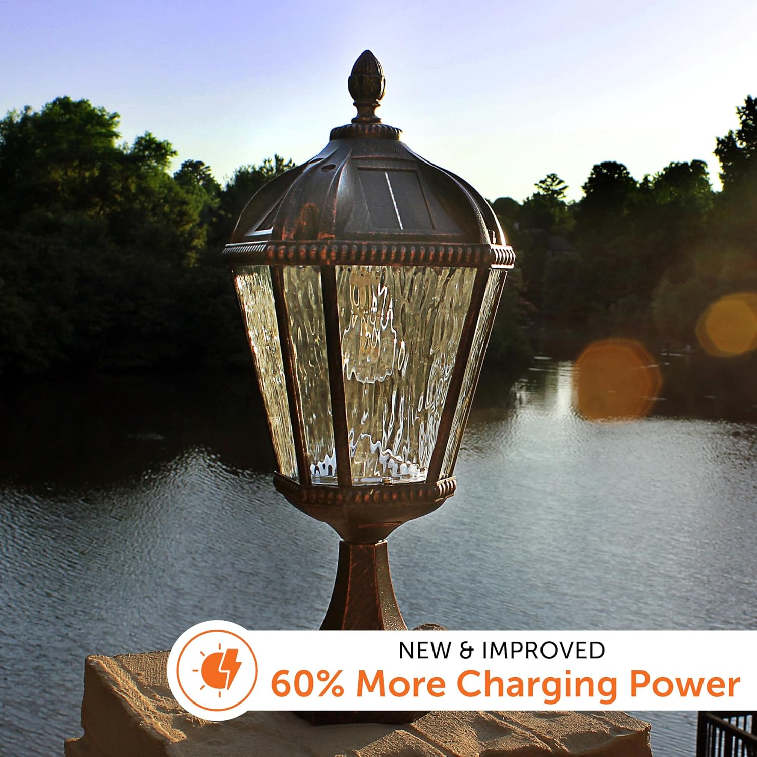 Gama Sonic Outdoor Solar Post Light with Pier Base, Brushed Bronze Finish Aluminum and Rain Glass, Royal Bulb 150 Lumens Warm White LED, Mount on Column or Flat Surface 98B111 Upgraded Panel-VerdiqueGarden