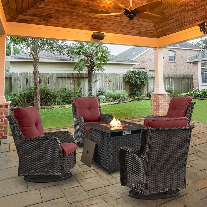 5 Pieces Patio Wicker Furniture Set - 4 Outdoor Swivel Rocker Glider Chairs with 50000BTU Propane Fire Pit Table, Warm Patio Conversation Set Red Cushion Perfect for Casual Gathering-VerdiqueGarden