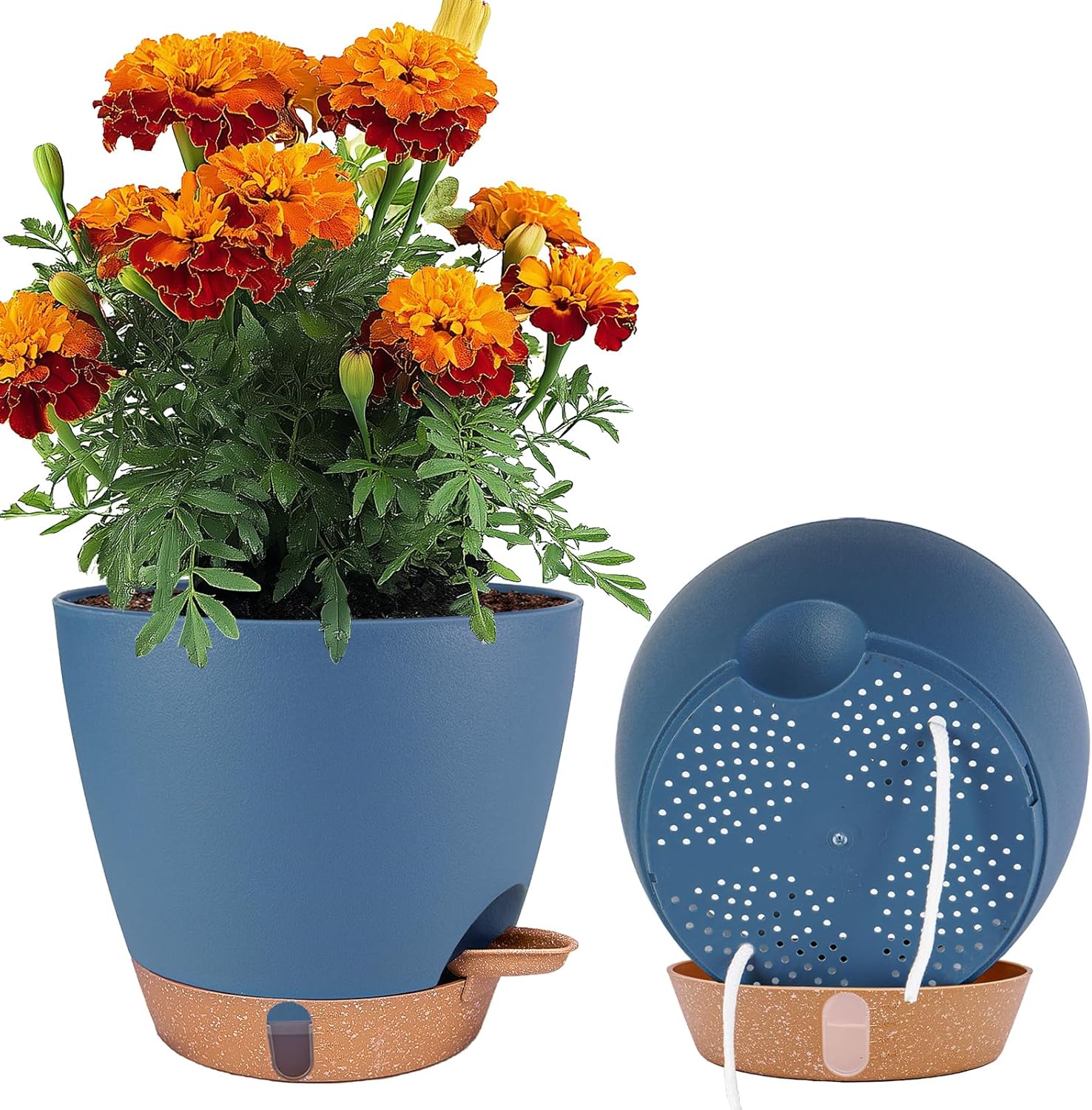 2 Pack 8 inch Plant Pots, Plastic Self Watering Planters with Drainage Holes, Deep Reservoir, Water Level Indicator, Modern Decorative Flower Pots for Indoor Outdoor Plants (Navy Blue, 8 inch)-VerdiqueGarden
