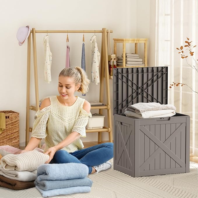 32 Gallon Outdoor Deck Box,Storage Lockable Waterproof Patio Furniture,Garden Tools,Cushions,Pool Accessories Outside Storage Resin Box(Light Brown)-VerdiqueGarden