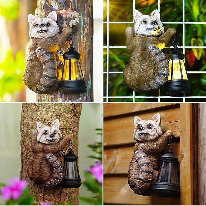 Raccoon Tree Hungger with Solar Lantern - 7.4 Inch Raccoon Outdoor Statue for Garden Yard Decor Outside,Best Garden Gifts for Mom,Women-VerdiqueGarden