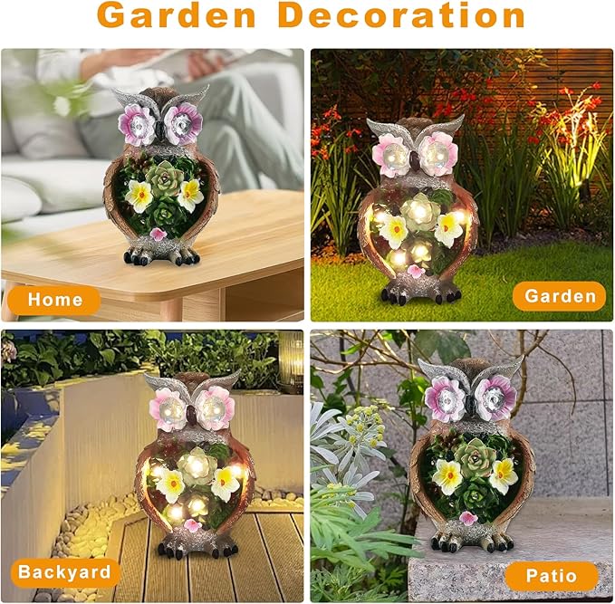 Owl Garden Statue,Solar Garden Statues with Flower LED Lights, Resin Owl Figurine for Lawn Patio Porch Yard Deco Gifts for Women/Mom/Grandma-VerdiqueGarden