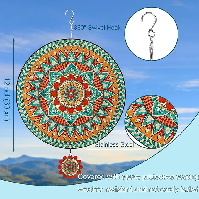 TUOKING Mandala Wind Spinners Outdoor Metal 3D Hanging Art Wind Spinner 12 Inch Stainless Steel for Yard and Garden Decoration Worth Gift for Women-VerdiqueGarden