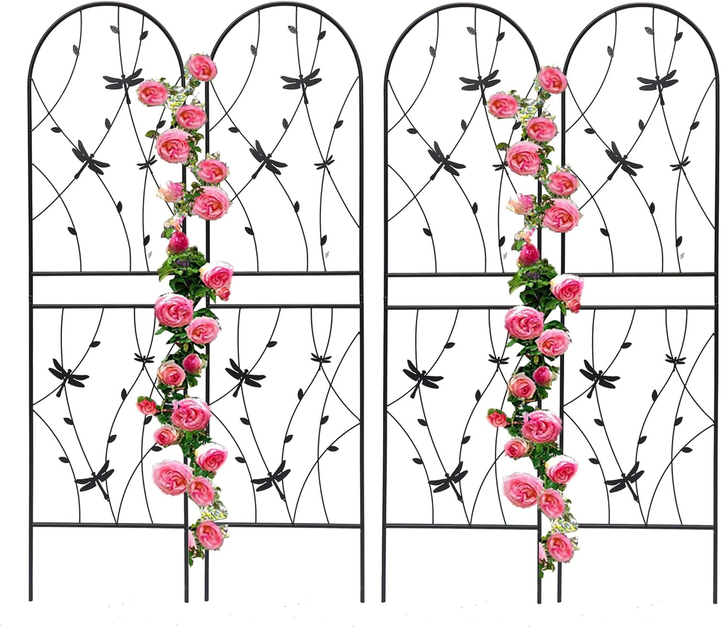 4 Pack Metal Garden Trellis 86.7" Tall Outdoor Climbing Plant Support for Roses, Flowers, Rustproof Durable Black Galvanized Tube, Lawn Garden Fence Decor Screen (4, Black dragonflies-86.7" H)-VerdiqueGarden