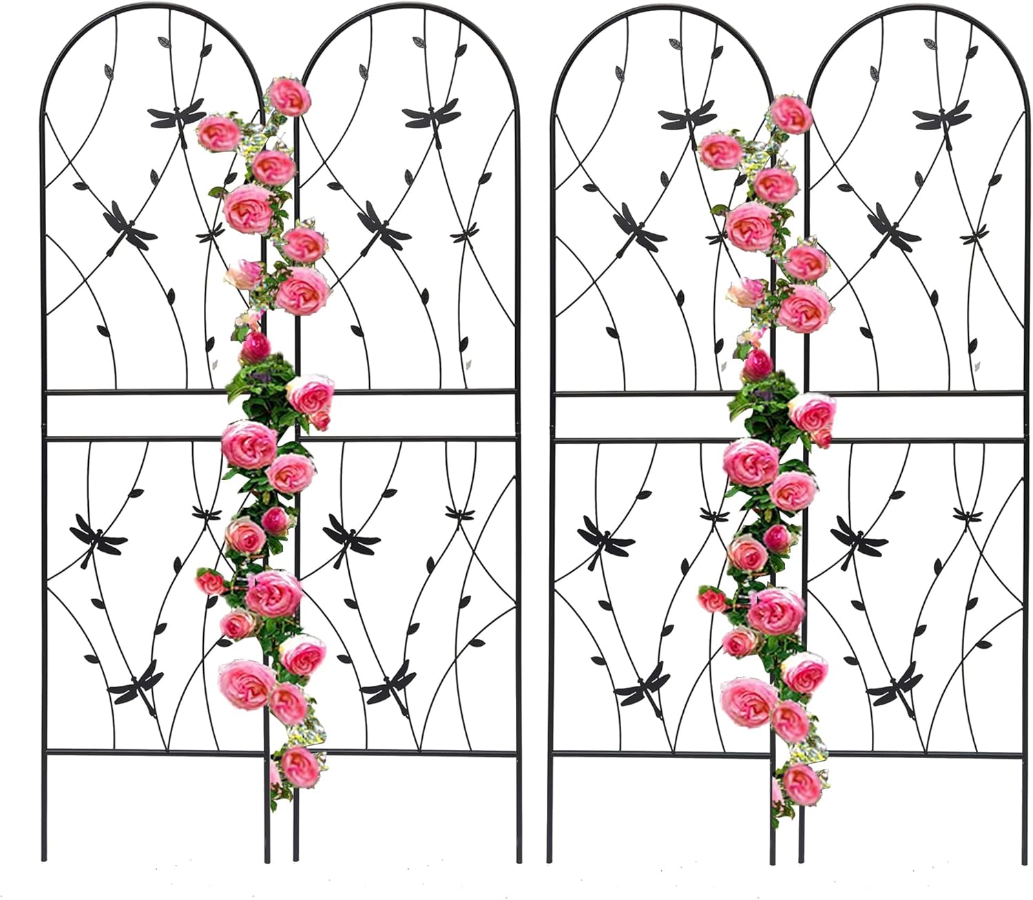 4 Pack Metal Garden Trellis 86.7" Tall Outdoor Climbing Plant Support for Roses, Flowers, Rustproof Durable Black Galvanized Tube, Lawn Garden Fence Decor Screen (4, Black dragonflies-86.7" H)-VerdiqueGarden