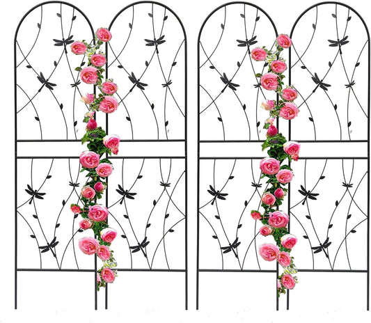 4 Pack Metal Garden Trellis 86.7" Tall Outdoor Climbing Plant Support for Roses, Flowers, Rustproof Durable Black Galvanized Tube, Lawn Garden Fence Decor Screen (4, Black dragonflies-86.7" H)-VerdiqueGarden