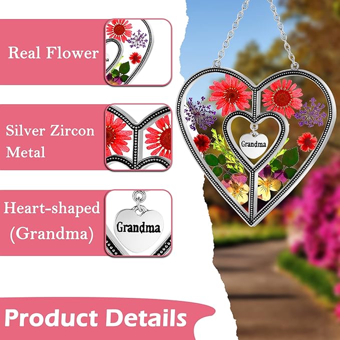 KY&BOSAM Suncatcher Stained Glass Grandma Heart Gifts for Women Mother`s Day Grandma Gift Gifts for Grandma from Daughter Son Indoor Decor Yard Decor for Mother Day Christmas Birthday Gift-VerdiqueGarden