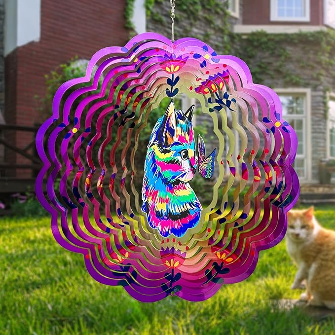 Cat Wind Spinners 3D Hanging Wind Spinner Cat Ornament Gifts for Women Mom Grandma,12inch Metal Wind Kinetic Sculpture for Outdoor&Indoor Decor, Yard Art, Garden Decoration-VerdiqueGarden