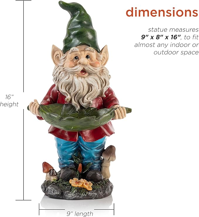 Alpine Corporation 16" Tall Outdoor Garden Gnome and Bird Feeder Yard Statue Decoration-VerdiqueGarden