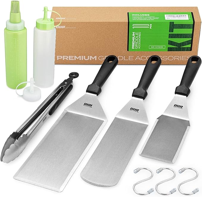 Griddle Accessories Kit for Blackstone and Camp Chef - 6 Pieces Griddle Spatula Set with 4x8 Inches Supersize Griddle Flipper, Turner, Metal Spatulas, Bottles & Hooks for Hibachi Grilling-VerdiqueGarden