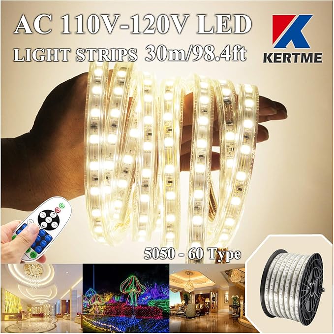 5050-60 Type AC 110-120V LED Strip Lights, Flexible/Waterproof/Dimmable/Multi-Modes LED Rope Light + 23 Keys Remote for Home/Garden/Building Decoration (98.4ft/30m, Natural White 4000K)-VerdiqueGarden