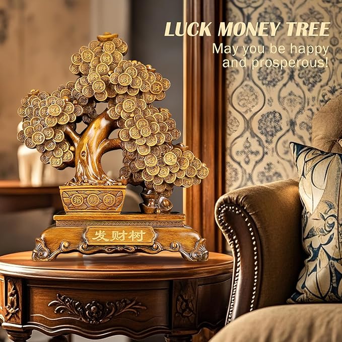 FENGSHUI-CAISHEN Top Resin Money Tree, Artificial Bonsai Tree, Handcrafted, Premium Quality, Feng Shui Gift for Abundance Luck and Success (Brown)-VerdiqueGarden