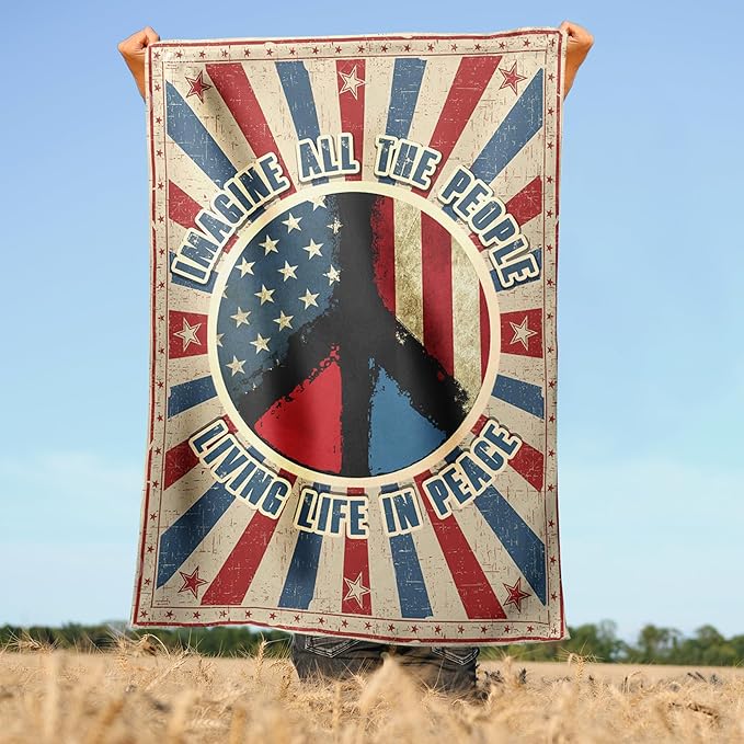 Hippie Peace Flags, Peace Signs Decorations For Home, Outside Hippie Decor House Flag (30 x 40), Imagine All The People Living Life in Peace Flag, USA House Garden Flags, Decorative Outdoor Flags-VerdiqueGarden