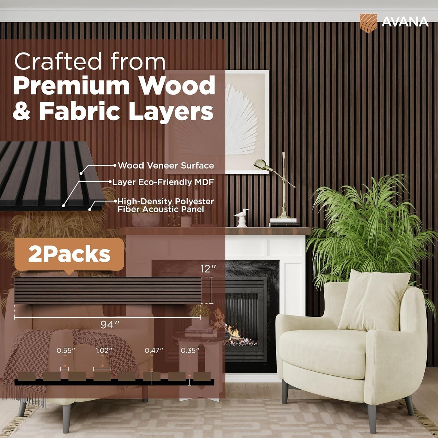 Avana Acoustic Wood Wall Panels – 94.4 x 12.6 Inch Dark Walnut Acoustic Panels 2 PCs – Wall Panels For Interior Wall Decor for Homes, Offices, Studios – Aesthetically Pleasing Wood Panels For Wall-VerdiqueGarden