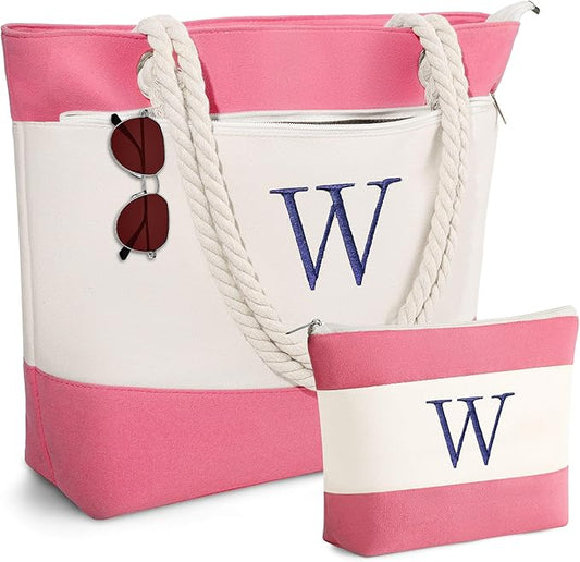 YOOLIFE Beach Bags for Women - Initial Tote Waterproof Bag with Makeup Bag, Mothers Day Gifts for Women Mom Friend Birthday-VerdiqueGarden