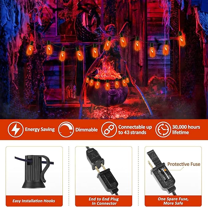 10Ft Halloween Orange Flicker Flame String Lights, ST40 Halloween Decorative String Lights Outdoor with Realistic Orange Red Flame, Hanging Halloween Orange Lights for Christmas Party Patio Decor-VerdiqueGarden