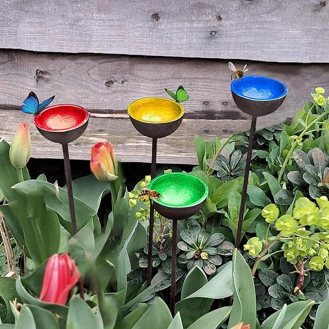 HLMOptimo 2 Packs/4 Packs Bee Watering Stations, Bee Cups for Garden, Bee Butterfly Water Station Bee Waterer, Metal Garden Stakes for Outdoor Garden Courtyard Decor (Yellow Blue Red and Green)-VerdiqueGarden