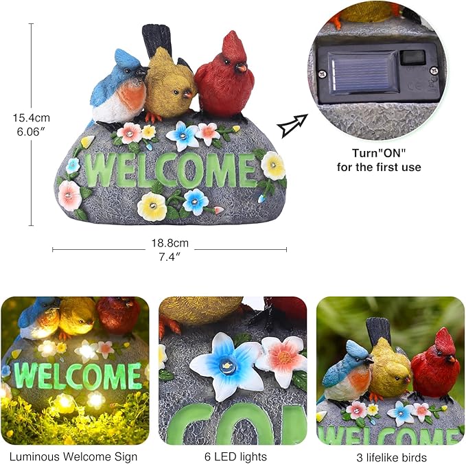 Solar Birds Welcome Sign - Outdoor Bird Decor with Solar LED Lights - Elegant and Charming Figurines for Women, Moms & Garden Enthusiasts-VerdiqueGarden