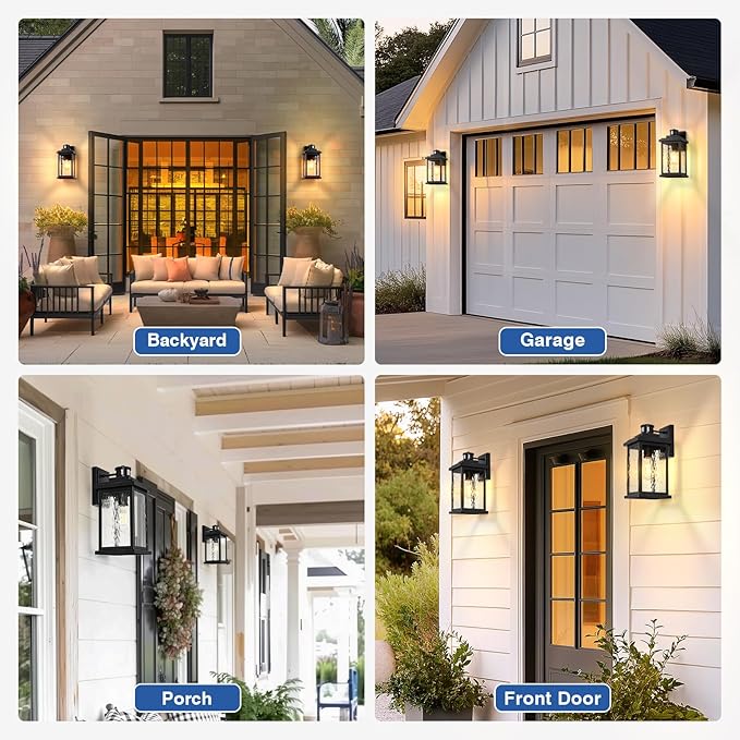 VIANIS Large Advanced Motion Sensor Outdoor Lights, Black Easy-to-Install Dusk to Dawn Outdoor Wall Lights, Aluminum Waterproof Porch Light with Water Glass for Porch, Garden, Front Door-VerdiqueGarden