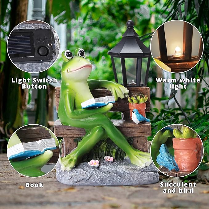 Outdoor Resin Reading Frog Statues, Solar Frog Garden Statues, Garden Frogs Outdoor Decor for Lawn, Balcony, Yard Decoration, Frog Gifts for Mom, Grandma, Wife-VerdiqueGarden