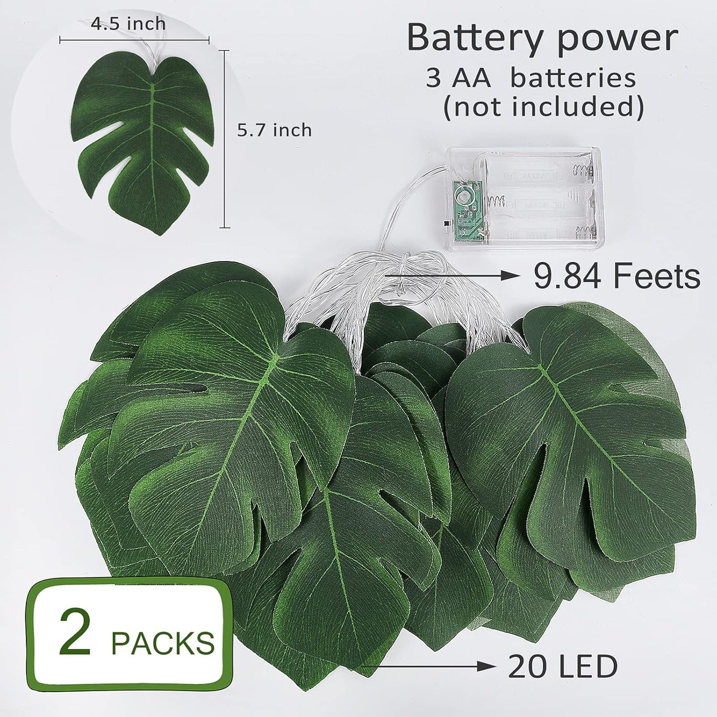 RECUTMS Monstera Leaf String Lights 2 Pack, 20LED Tropical Artificial Rattan Palm Green Leaves Wall Hanging Vine Greenery,Outdoor Indoor Hawaiian Luau Jungle Safari Beach Theme Party Summer Decoration-VerdiqueGarden