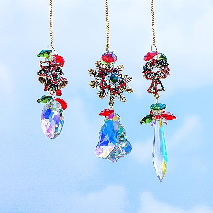 3 Pack Crystal Christmas Ornaments, Glass Rainbow Rhinestones Sun Catcher Prisms with Christmas Wreath Snowflake Bells,Suncatcher Hanging Crystal Pendants for Window Christmas Home Decor-VerdiqueGarden