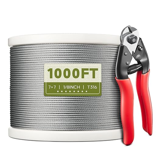 1000FT 1/8" T316 Stainless Steel Cable, Wire Rope Aircraft Cable for Deck Cable Railing Kit and DIY Balustrades, 7x7 Strands Construction, Comes with a Cutter