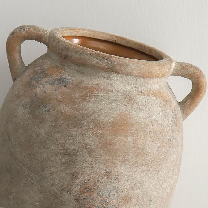 Ceramic Flower Vase 7.6 inch Farmhouse Rustic Vase Decorative Pottery Terracotta Vases for Home Decor Table Mantle Fireplace Living Room Bathroom Wedding Centerpiece (Whitewashed)-VerdiqueGarden