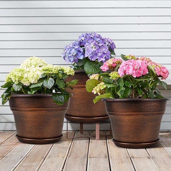 10 Inch Planters Plant Pots Indoor Outdoor, 4 Pack Plastic Flower Pot for Indoor Plants with Drainage Holes & Trays, Resin Decorative Container Sets with Saucer for House Garden Copper-VerdiqueGarden