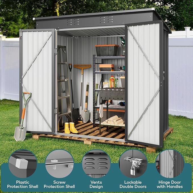 Gizoon 6' x 4' Outdoor Storage Shed with Double Lockable Doors, Anti-Corrosion Metal Garden Shed, Waterproof Shed Outdoor Storage Clearance for Backyard Patio Lawn-Dark Gray-VerdiqueGarden