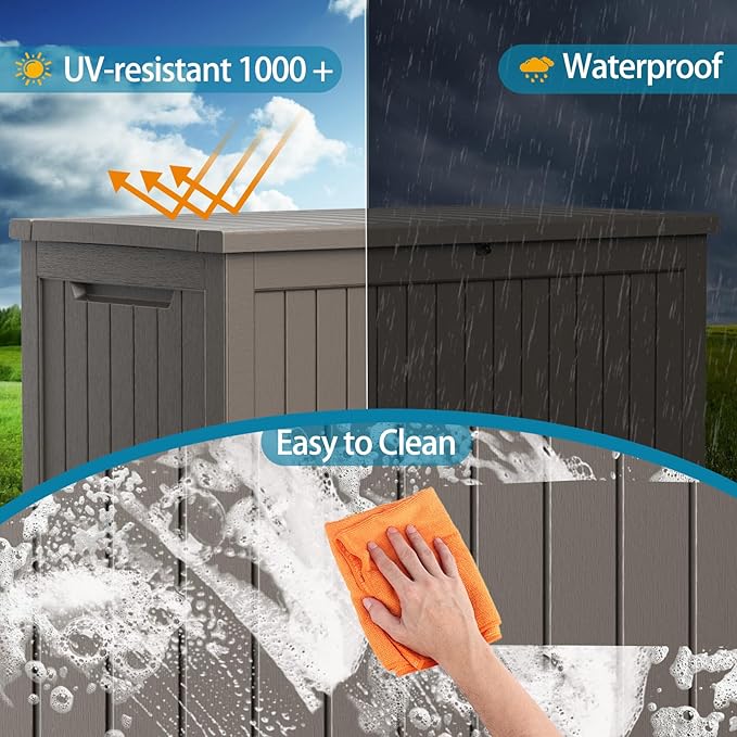 230 Gallon Resin Deck Box, Lockable Patio Outdoor Storage Box for Furniture, Garden Tools and Tools Storage, Waterproof Outside Storage Boxes - Grey-VerdiqueGarden