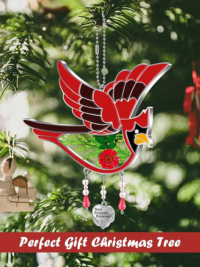 KY&BOSAM Best Friend Forever Cardinal Suncatcher Gifts for Friend Hand-Painted Garden Ornament Hanging Wind Chime with Pressed Flower Cardinal Embedded in Glass Mother`s Day Birthday Christmas-VerdiqueGarden