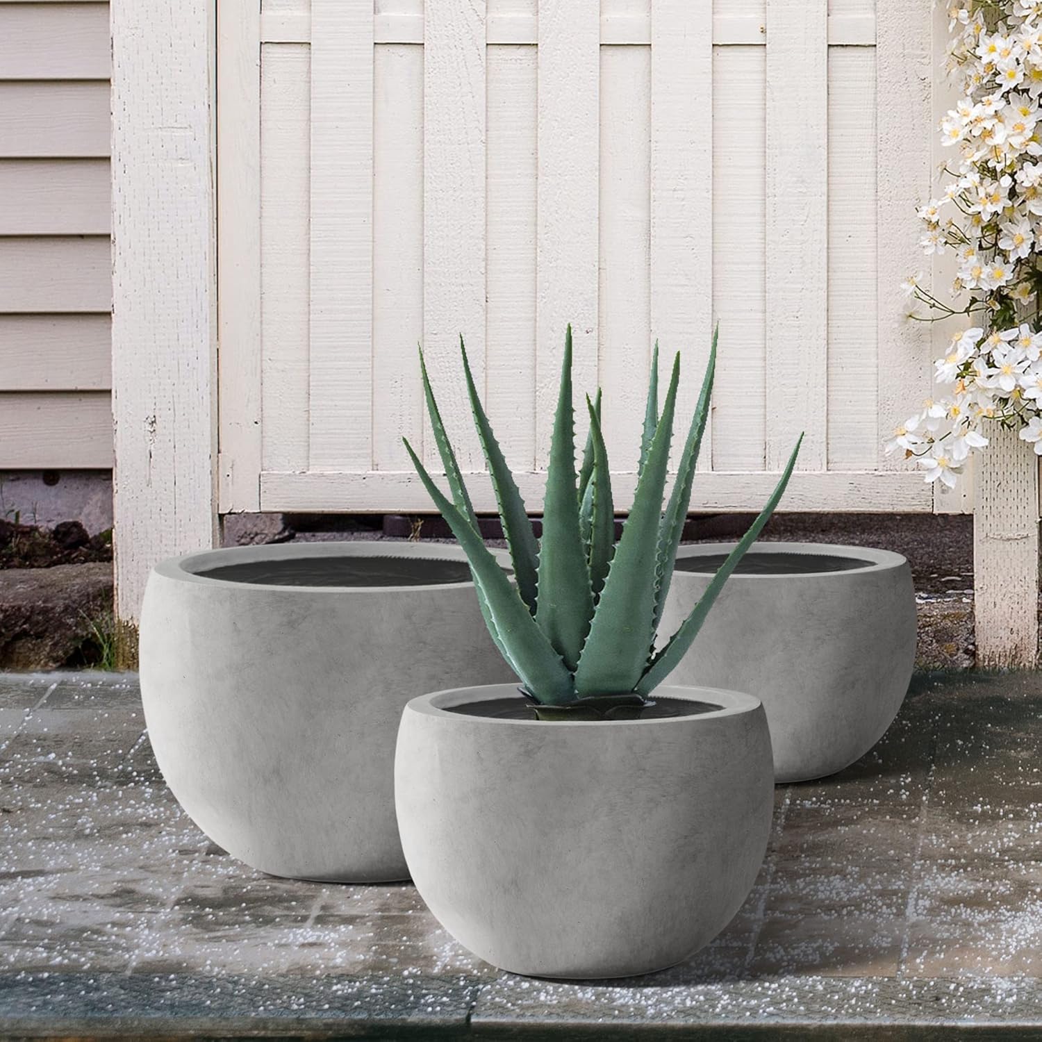Kante 19.9",15.7",11.8" Dia Round Concrete Planter Set of 3, Outdoor/Indoor Large Bowl Plant Pots with Drainage Hole and Rubber Plug for Garden Patio Balcony Home, Natural Concrete-VerdiqueGarden