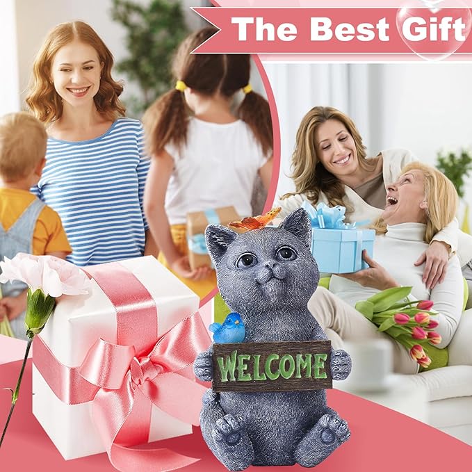 Solar Cat Figurine Garden Statues : Outside Welcome Cat Statue with Butterfly for Garden Decor and Yard Decorations - Unique Gifts for Women and Mom-VerdiqueGarden