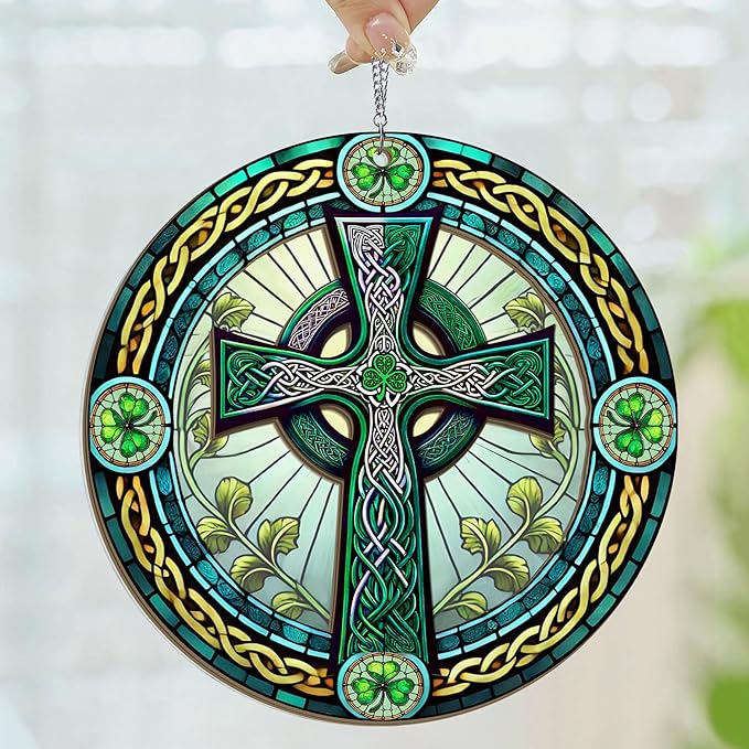 St Patricks Day Decorations - Irish Gifts for Men Women Friends Family, St Patricks Day Accessories, Celtic Cross Home Decor - Double Layered Hanging Suncatcher 12 in-VerdiqueGarden
