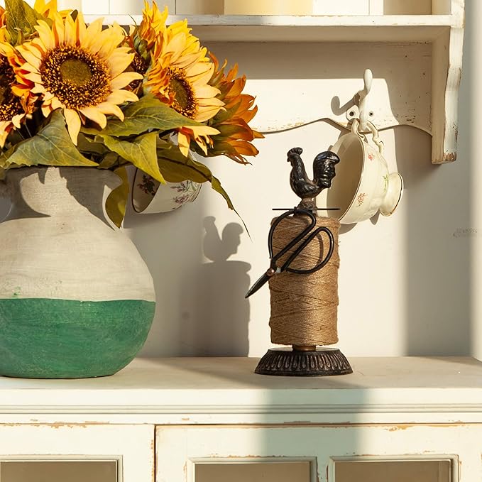 SOFFEE DESIGN Vintage Jute Twine Spool and Scissors Holder for Garden Farmhouse Kitchen Antique Twine and Scissors Set Black Rooster-VerdiqueGarden