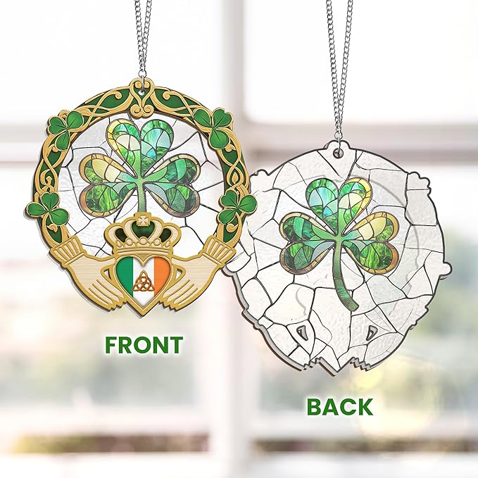 FLAGWIX Irish Gifts for Women, Men - Christmas, Birthday Gifts for Women, St Patricks Day, Shamrock Decorations, Good Luck Gifts, Claddagh, Celtic Home Decor - Window Suncatcher Hanging Decorations-VerdiqueGarden
