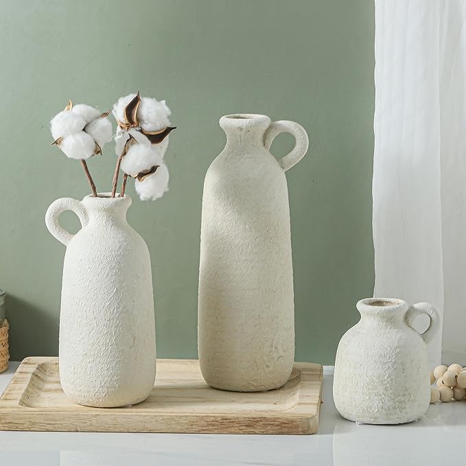 Ceramic Vase Set of 3 with Handle, Neutral Rustic Vases Home Decor Farmhouse Decorative Vase Whitewashed Pottery Decor Modern for Table Mantel Entryway Bookshelf Living Room Kitchen Bedroom - White-VerdiqueGarden