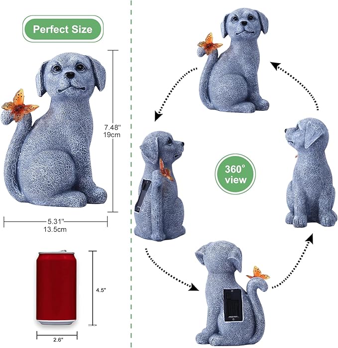 Garden Decor Solar Dog Statues: Outdoor Sculptures with Glowing Butterfly for Lawn Ornaments Yard Art Porch Patio Balcony - Gifts for Mom Grandma Women-VerdiqueGarden