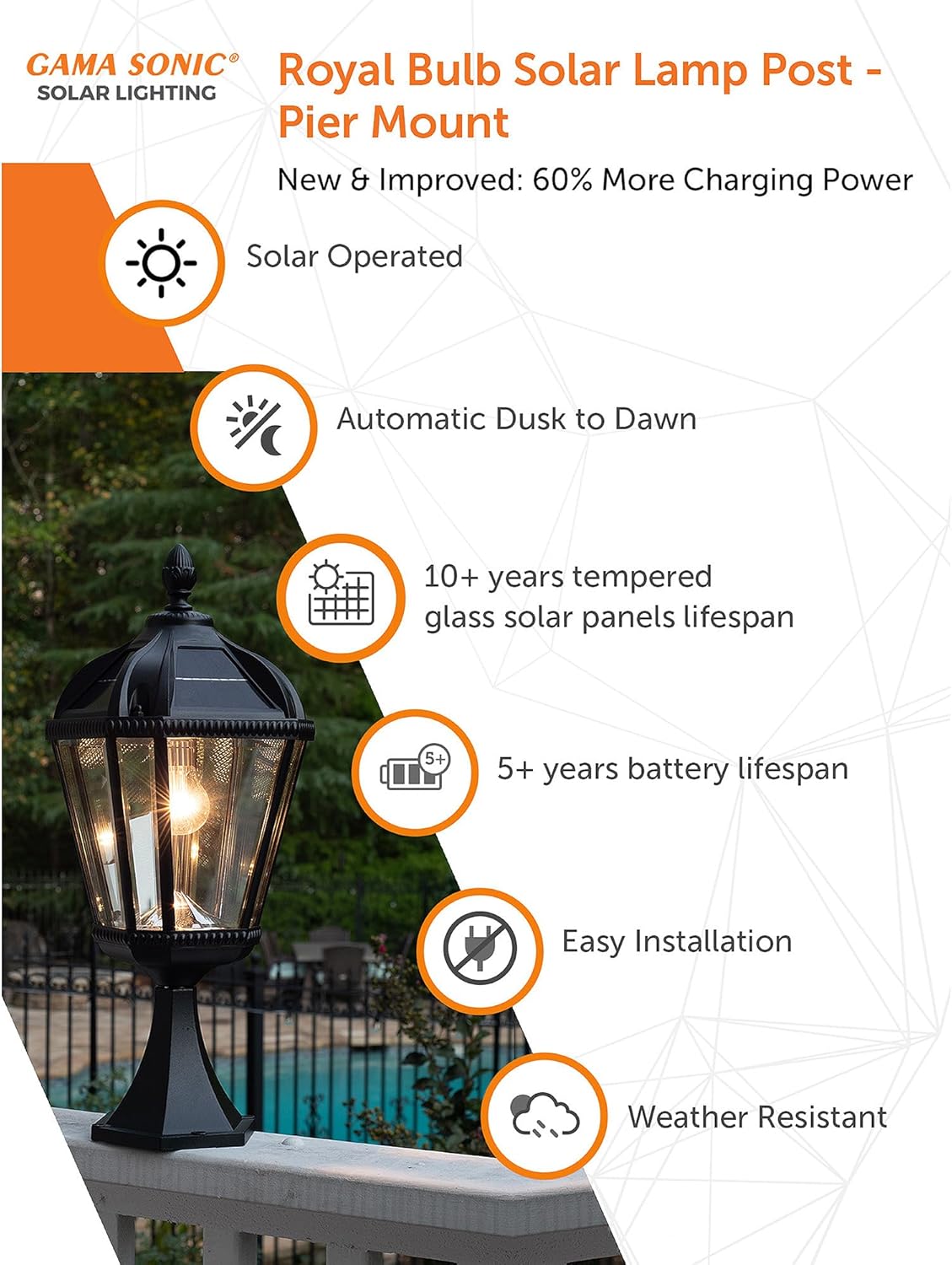 Gama Sonic Outdoor Solar Post Light with Pier Base, Black Aluminum and Beveled Glass, Royal Bulb 150 Lumens Warm White LED, Mount on Column, Pillar, or Flat Exterior Surface (98B011) (Upgraded)-VerdiqueGarden