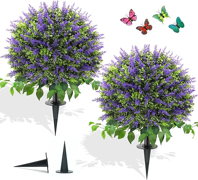 28" Artificial Boxwood Topiary Ball with Lavender, UV Resistant Topiary Tree Faux Boxwood Ball Shaped Porch Bushes with Ground Spike Artificial Bushes for Outdoors Front Door Decor Home Garden-VerdiqueGarden