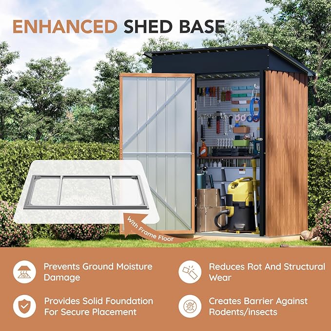 5x3 Ft Storage Shed, Outdoor Metal Shed with Floor Base& Lock, Small Lean to Shed, Compact Vertical Outside Bike Tiny House for Garden, Backyard, Patio, Tool-VerdiqueGarden