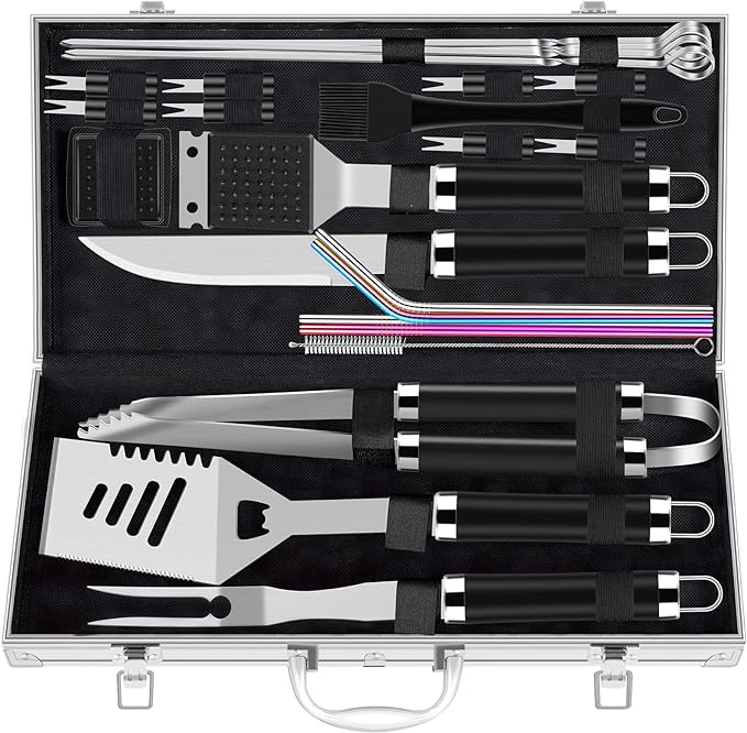 ROMANTICIST 25pcs Extra Thick BBQ Grill Accessories, Fathers Day Grilling Gifts Set for Men Dad, Heavy Duty Grill Tools Utensils Kit with Spatula, Tongs in Aluminum Case for Birthday Black-VerdiqueGarden