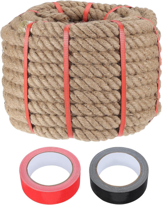 MECCANIXITY Jute Rope 1.1 Inch x 75ft, Thick Twine Rope Ropes Braided Jute Twine Natural Brown Burlap Cord String Heavy Twisted with Tapes for Decorative Crafts Railing Swing Tug of War-VerdiqueGarden