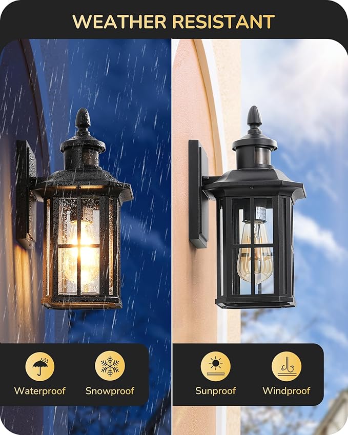 EDISHINE 2 Pack Motion Sensor Outdoor Wall Lights, Dusk to Dawn Exterior Lighting Fixture, Modern Porch Light Wall Mount, Clear Water Glass, Anti-Rust Aluminum for Front Door Garage, Patio, Black-VerdiqueGarden