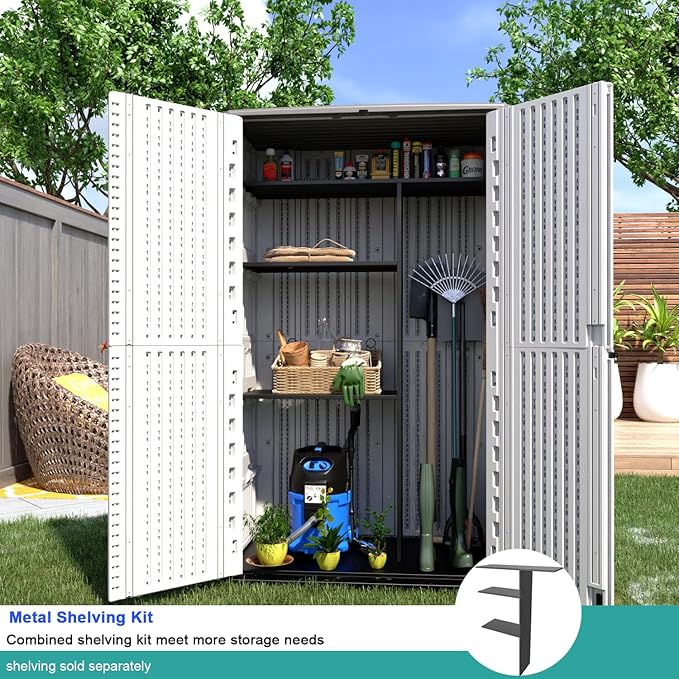KINYING Outdoor Storage Cabinet Waterproof, Resin Vertical Outdoor Storage Shed for Patio Furniture, Garden Tools, Pool Accessories, Mower Storage (66 Cu.ft, Off White)-VerdiqueGarden