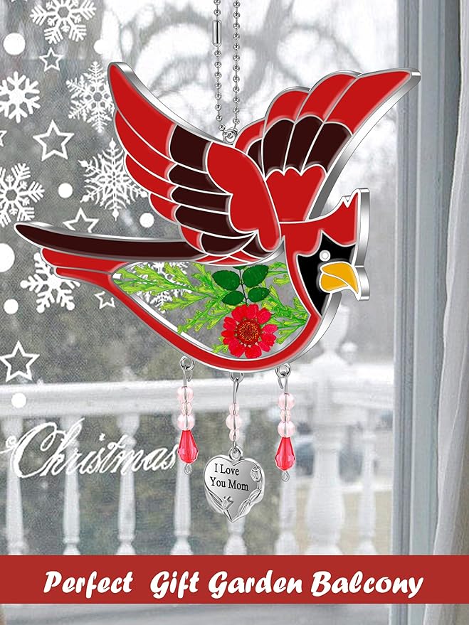 KY&BOSAM Cardinal Suncatcher I Love You Mom Glass Hangings for Windows Wind Chime Ornament with Hand Painted Real Flower and Metal Heart Charm Birthday Gifts for Women Mom Mother's Day-VerdiqueGarden
